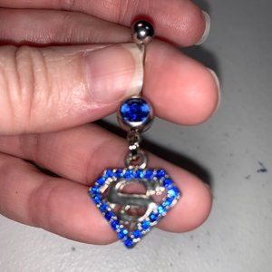 Blue Super man Dangle Belly Ring, 14 gauge